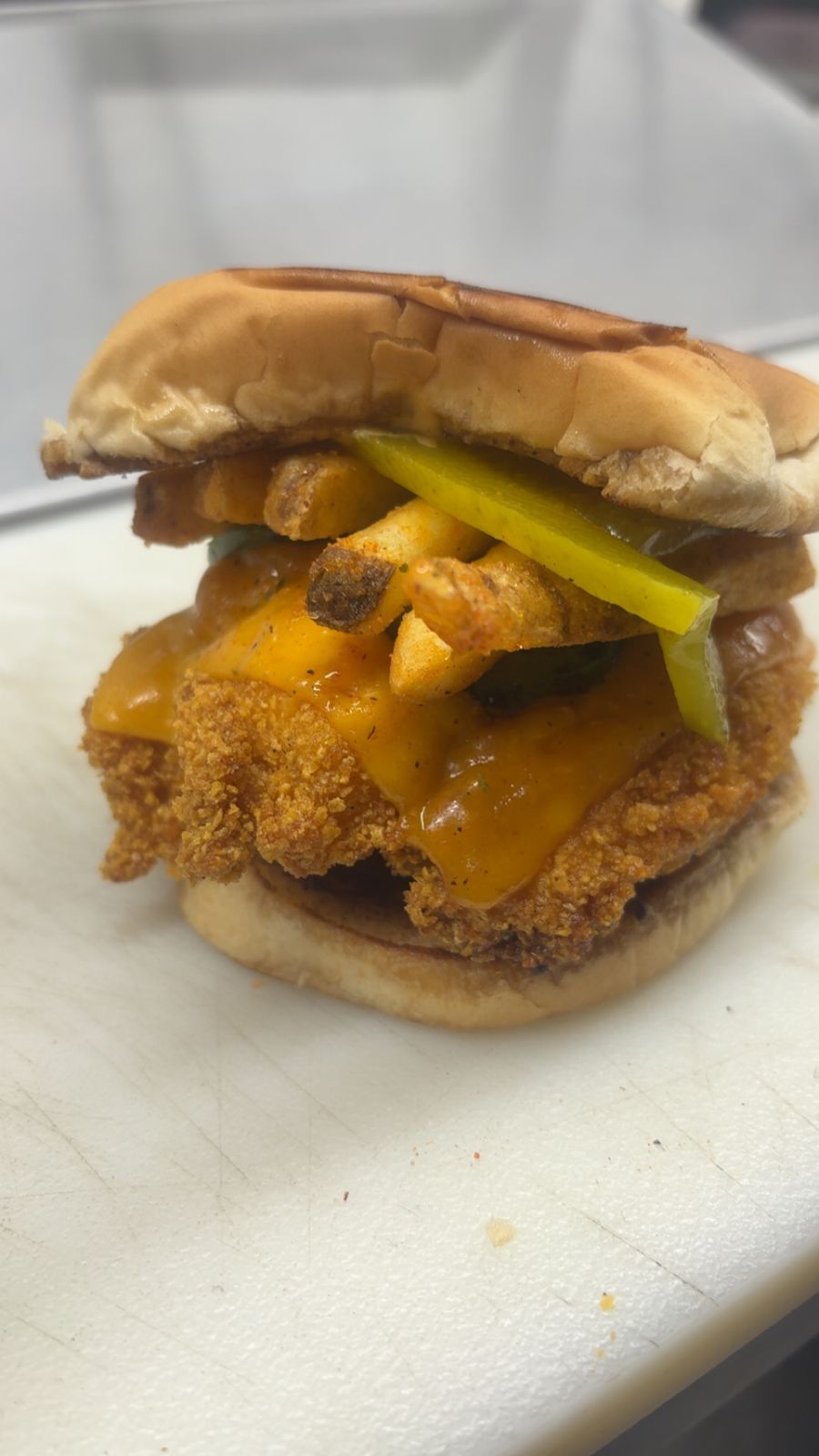 Crispy chicken sandwich with fries